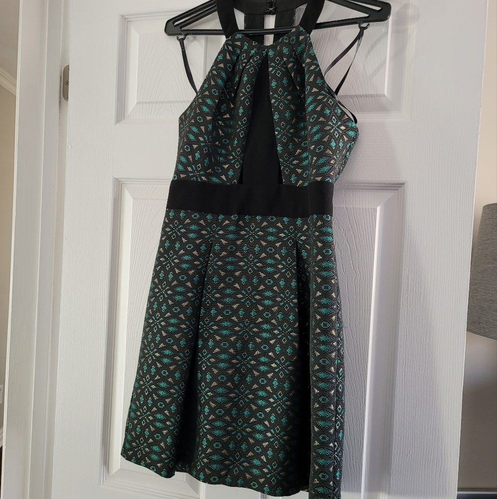 Midi black gold and green dress. Worn once. Halter neck. Size small